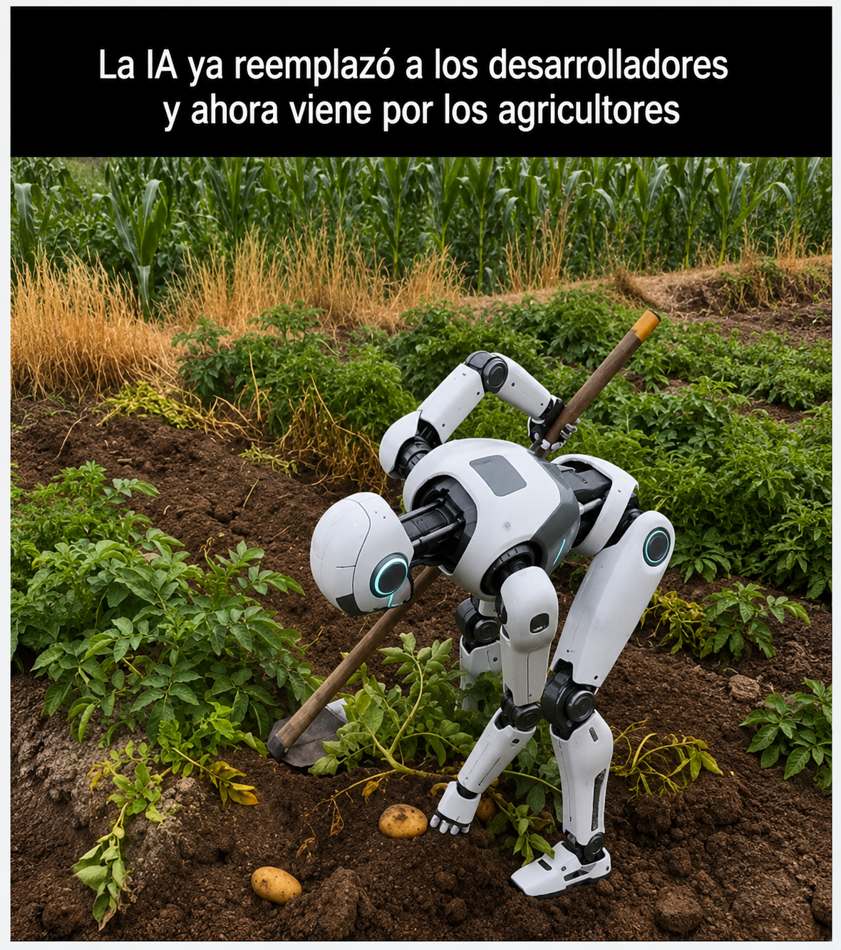 Robot con azadón trabajando en un cultivo